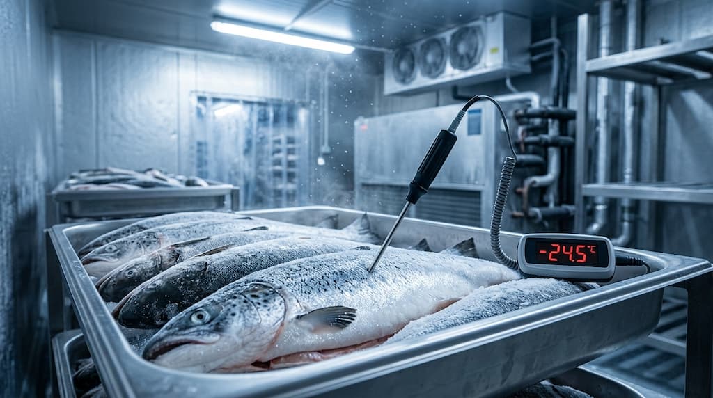 Sonda de temperatura insertada en el centro de un pescado dentro de una cámara de congelación, el punto que determina a qué temperatura muere el anisakis