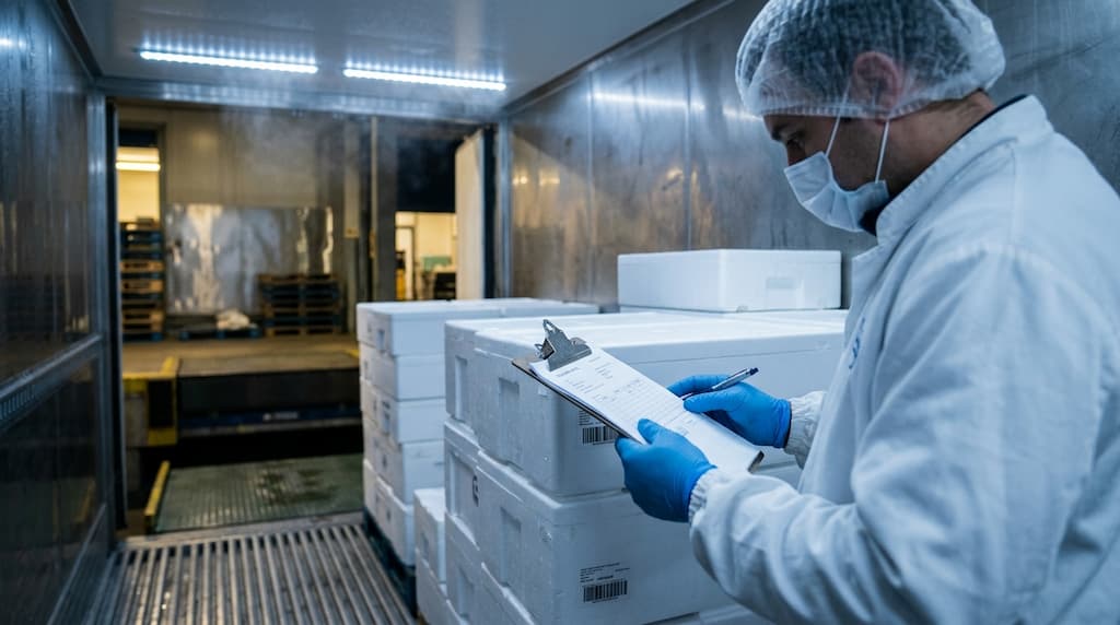 Operario comprobando el lote de una caja de pescado contra el albarán durante la carga, como parte de la trazabilidad alimentaria en el transporte
