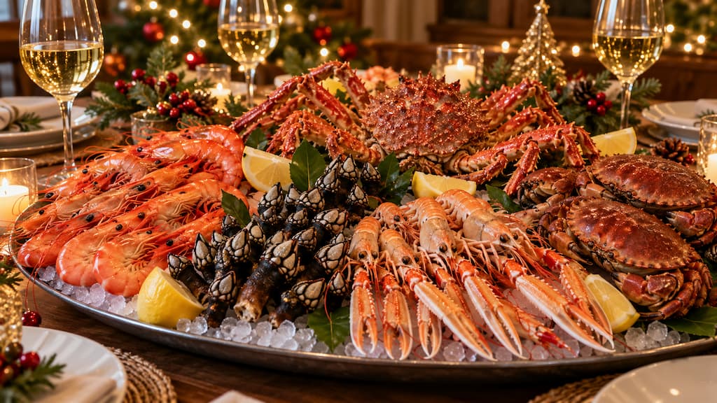 Bandeja de marisco de Navidad con langostinos, cigalas, percebes, nécoras y centollo sobre hielo