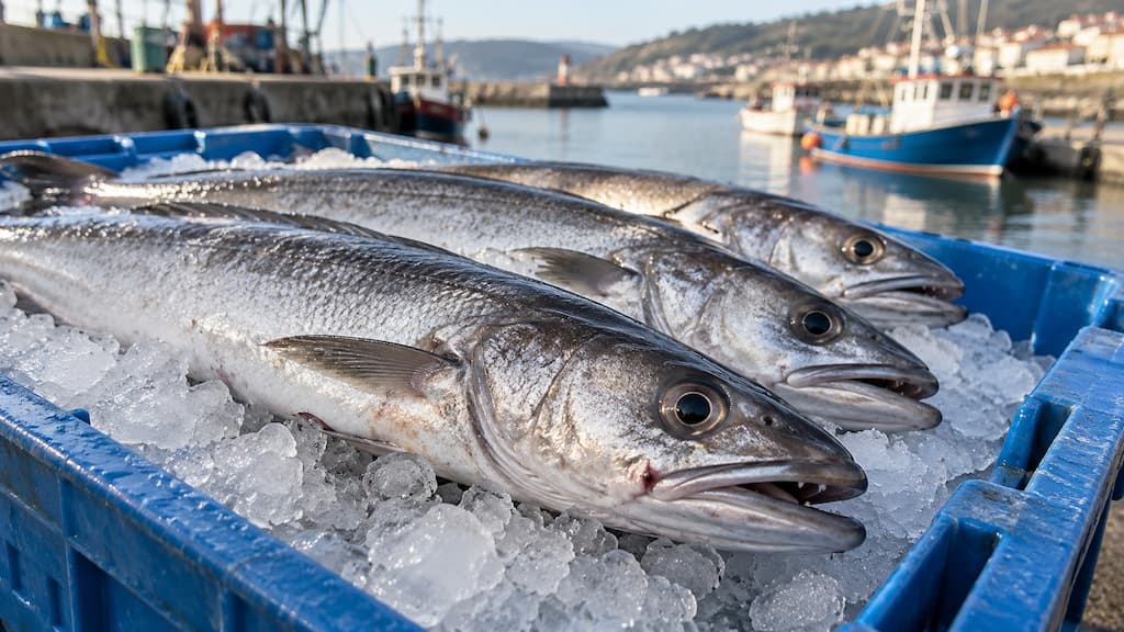 Merluzas de pincho enteras sobre hielo en una lonja gallega, pescadas con anzuelo