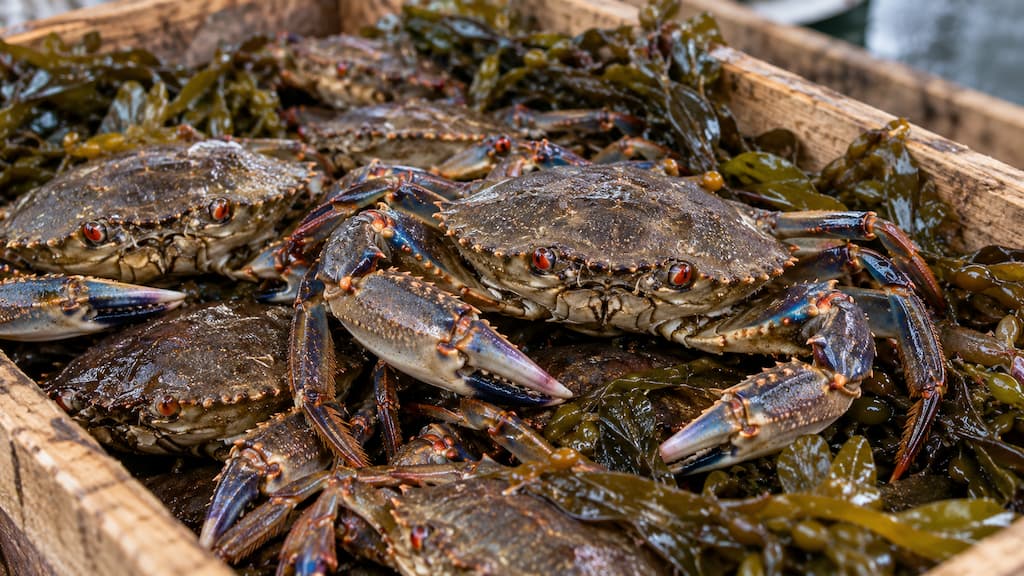 Nécoras vivas con su caparazón aterciopelado y ojos rojos en una caja de lonja gallega
